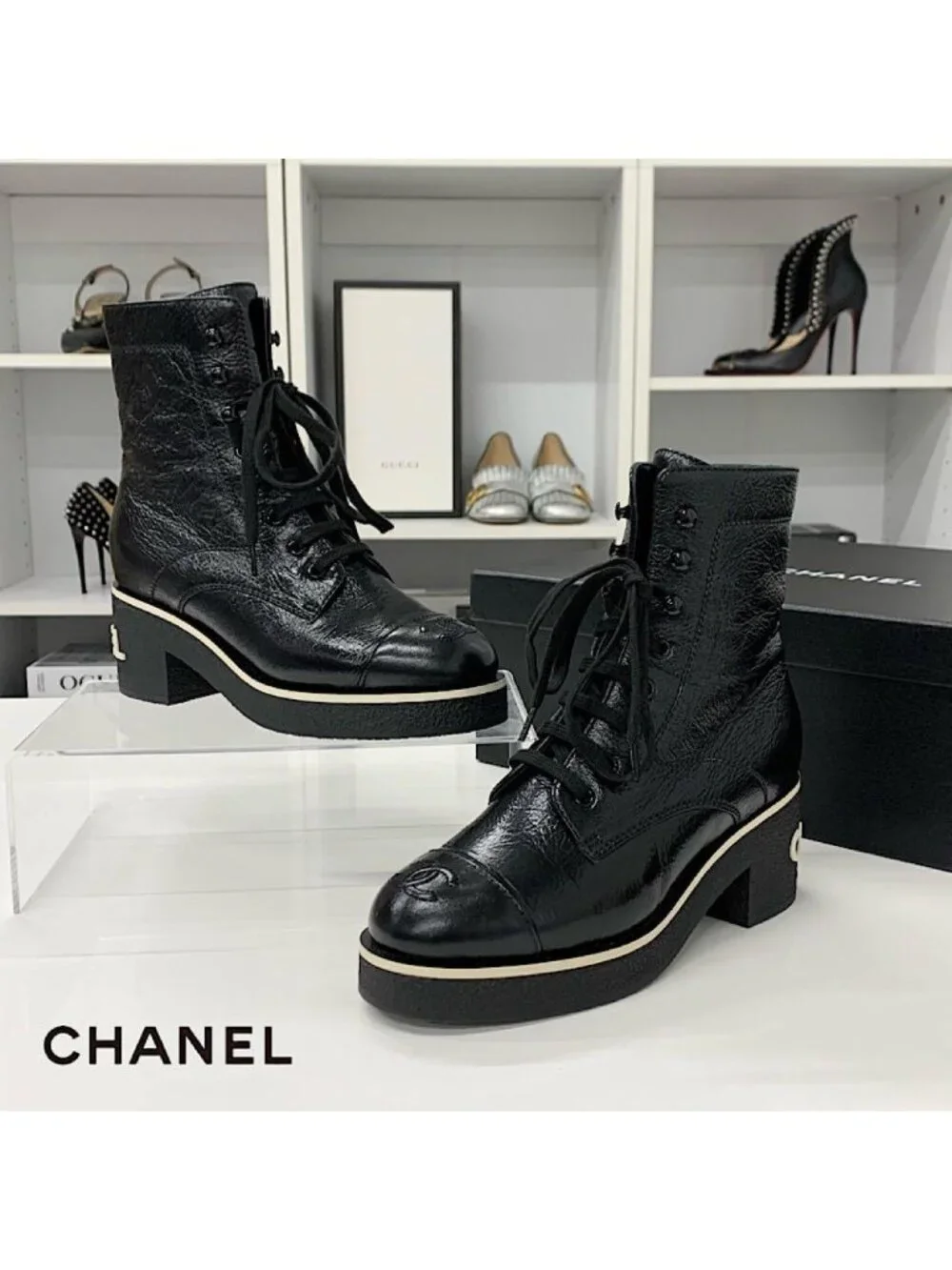 Chanel CC Logo Leather Lace Up Short Boots Black